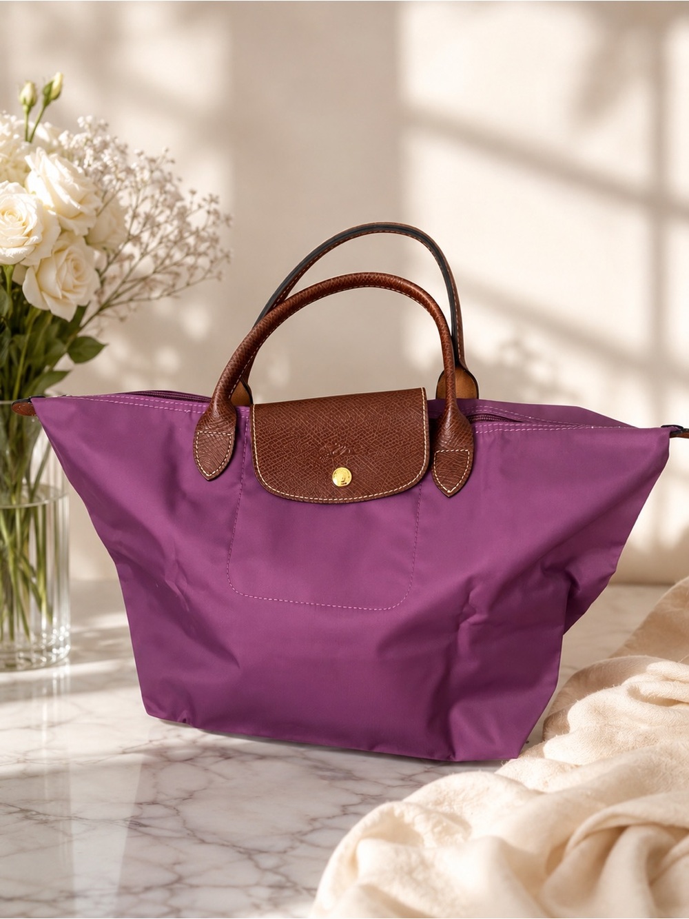 Longchamp Purple Nylon Tote with Brown Leather Trim